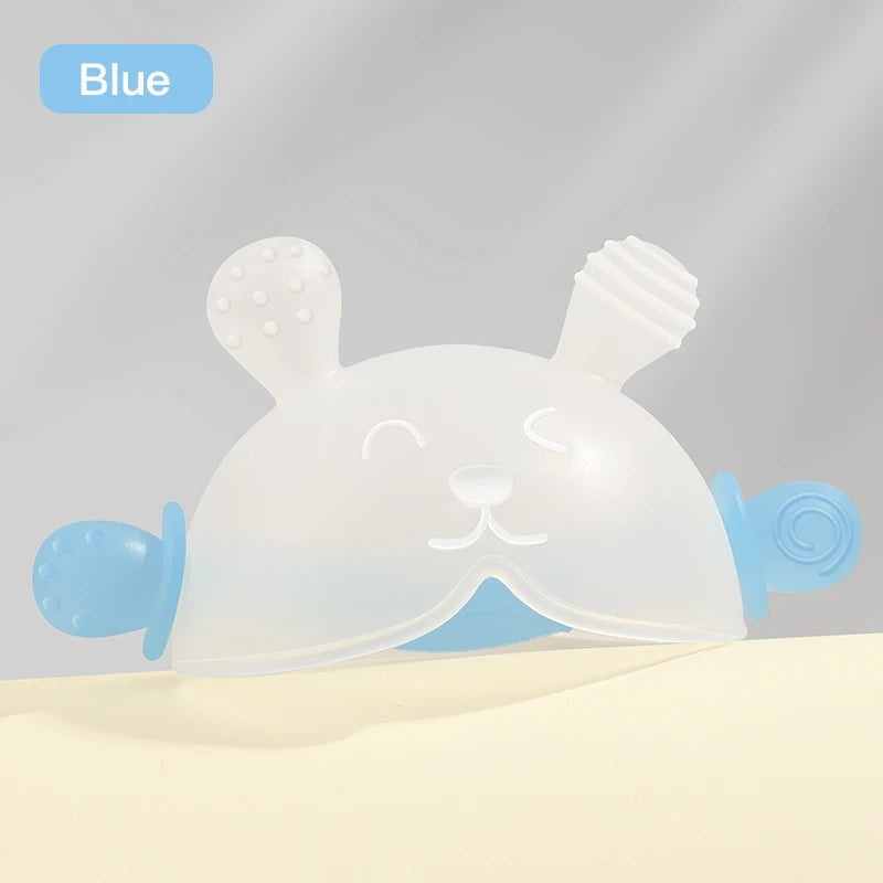 A translucent blue bunny-shaped baby teether with a hidden handle is shown against a light background.