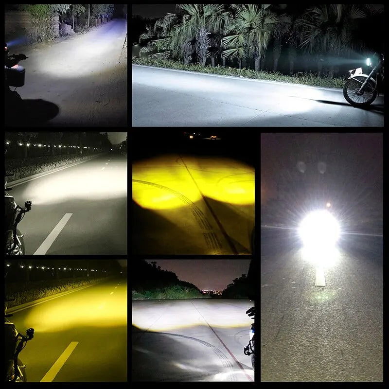 A collection of images showing the dual-color LED motorcycle auxiliary fog light with a projector lens illuminating the road.
