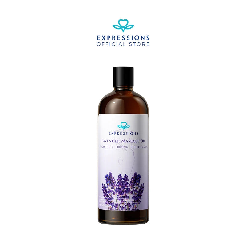 A dark brown glass bottle of Lavender Massage Oil with a light purple label and lavender flowers.