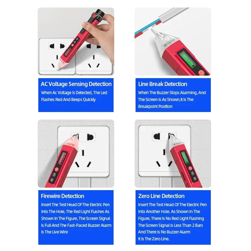 A red non-contact AC voltage detector pen with an LCD display is shown detecting line breaks.