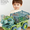 A young child holds a green dinosaur transport truck with a T-Rex figure, designed as an engineering vehicle.