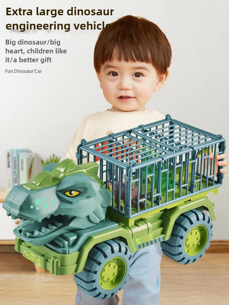 A young child holds a green dinosaur transport truck with a T-Rex figure, designed as an engineering vehicle.