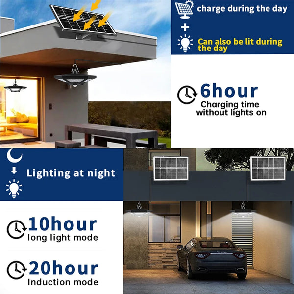 A solar-powered pendant light fixture mounted on a building, with accompanying text detailing its charging and lighting modes