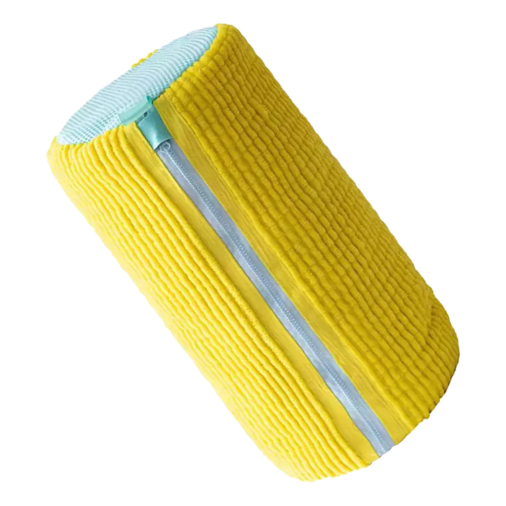 Yellow durable shoe washing bag with a silver self-locking zipper.