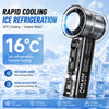 A silver portable fan unit is shown with a digital display, highlighting its rapid cooling and battery features.