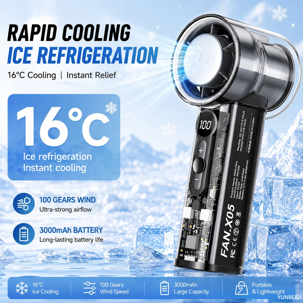 A silver portable fan unit is shown with a digital display, highlighting its rapid cooling and battery features.