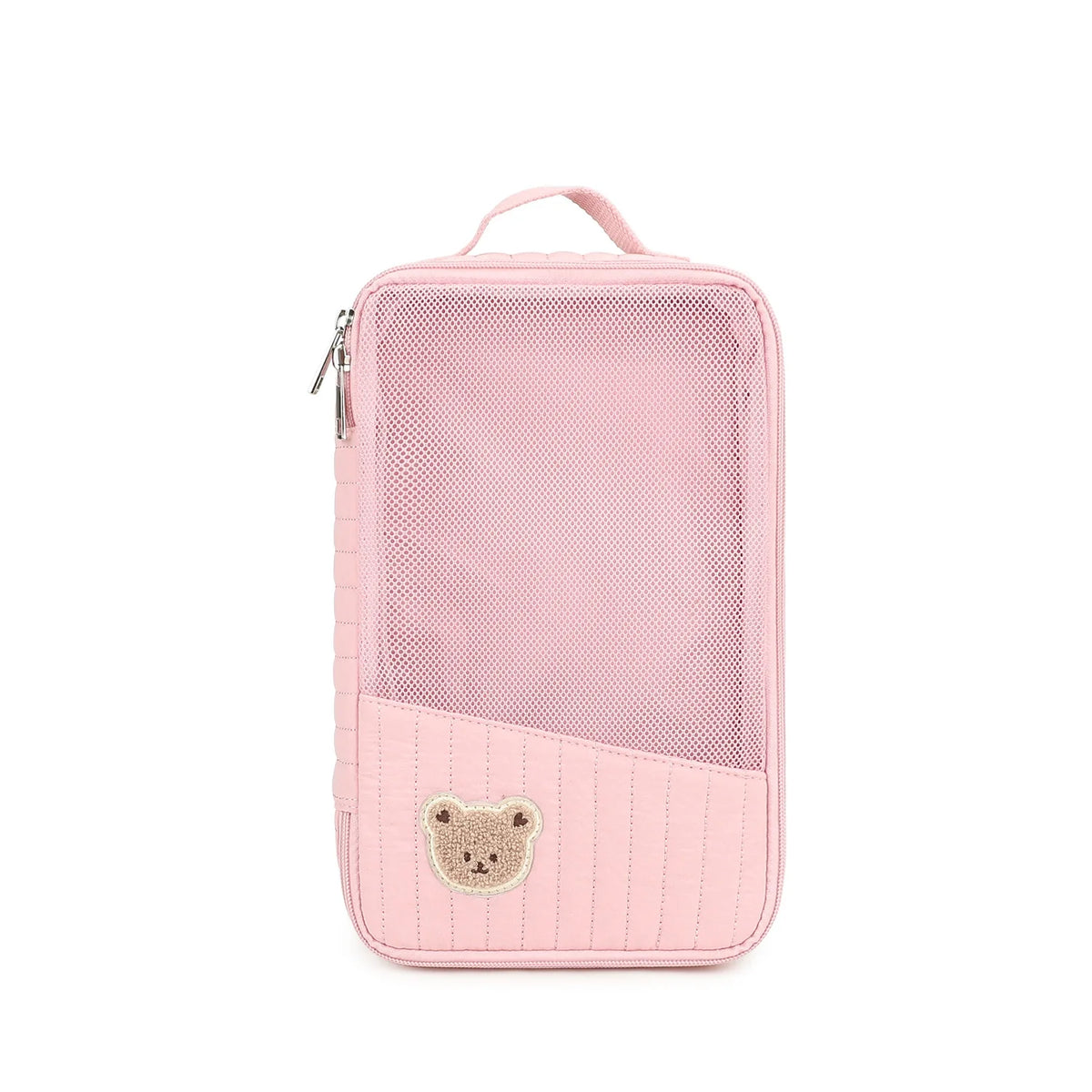 A pink stroller hanging diaper bag with a mesh front and a small bear patch on the bottom.