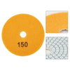 A round, orange polishing pad with the number 150 visible, shown alongside close-ups of its texture and grit.