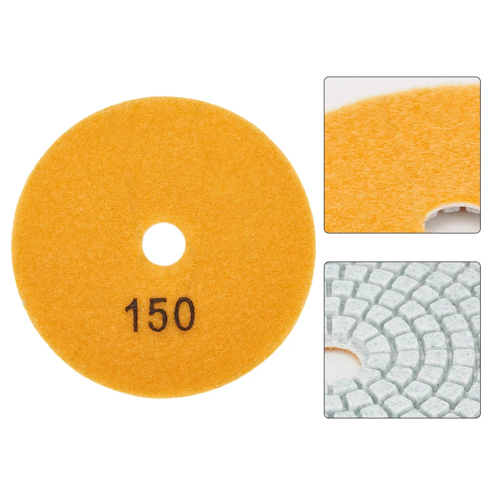 A round, orange polishing pad with the number 150 visible, shown alongside close-ups of its texture and grit.