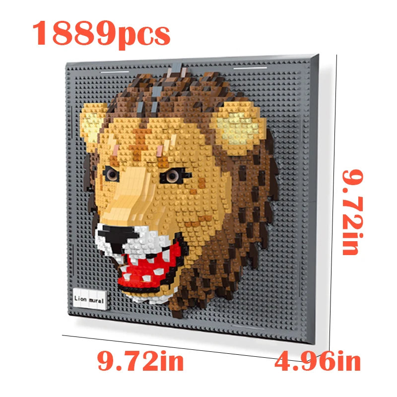 A 1889 piece mosaic building block wall art kit depicting a lion's head in gold and brown tones.