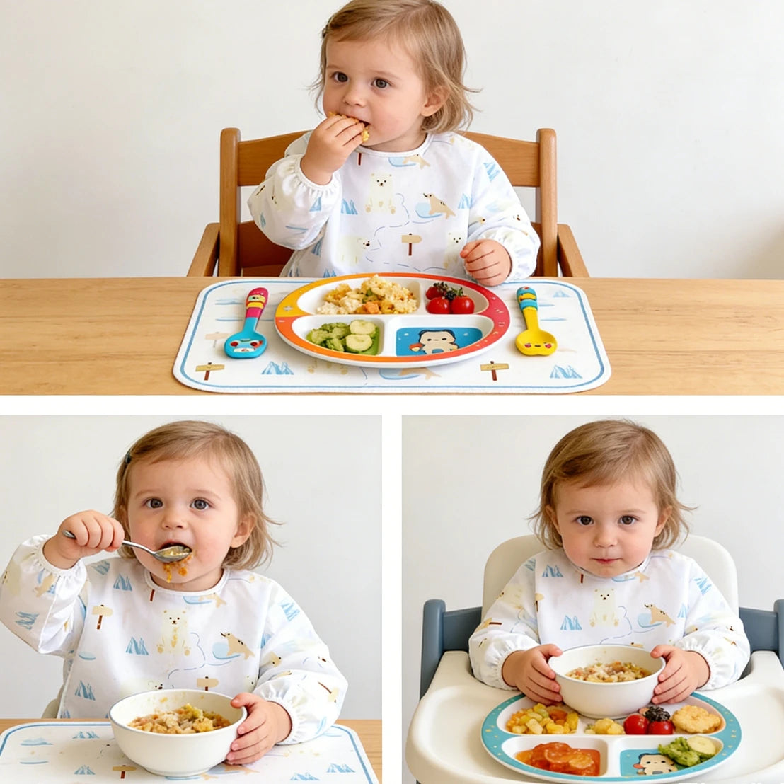 Two babies eating food from plates and bowls on a wooden table.