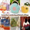 A collection of crocheted bags in various colors and textures, including pink, yellow, green, purple, and orange.