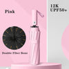 A pink automatic compact folding umbrella with a double fiber bone design shown against a light background.