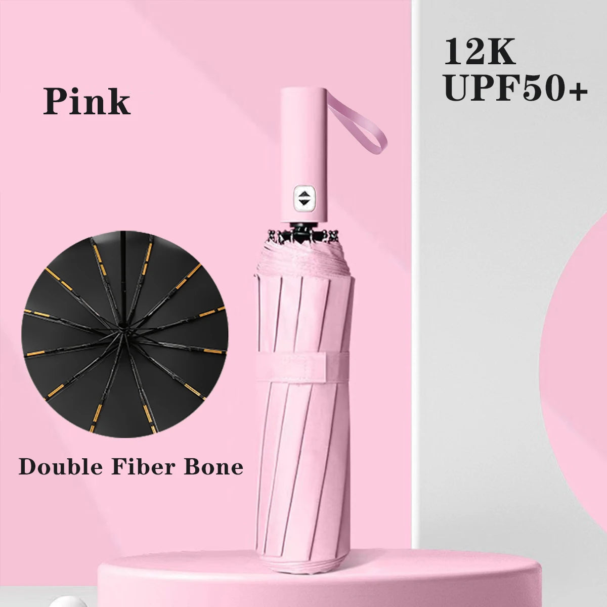 A pink automatic compact folding umbrella with a double fiber bone design shown against a light background.
