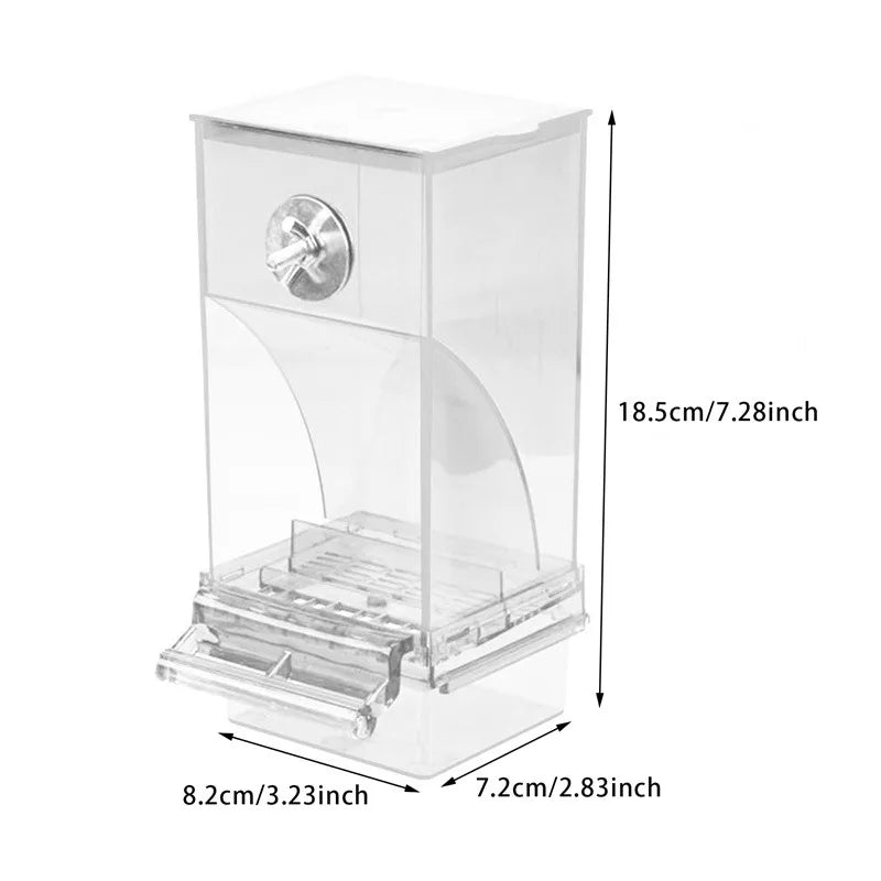 A clear, rectangular anti-spill parrot feeder with a lid and a visible mechanism for feeding.