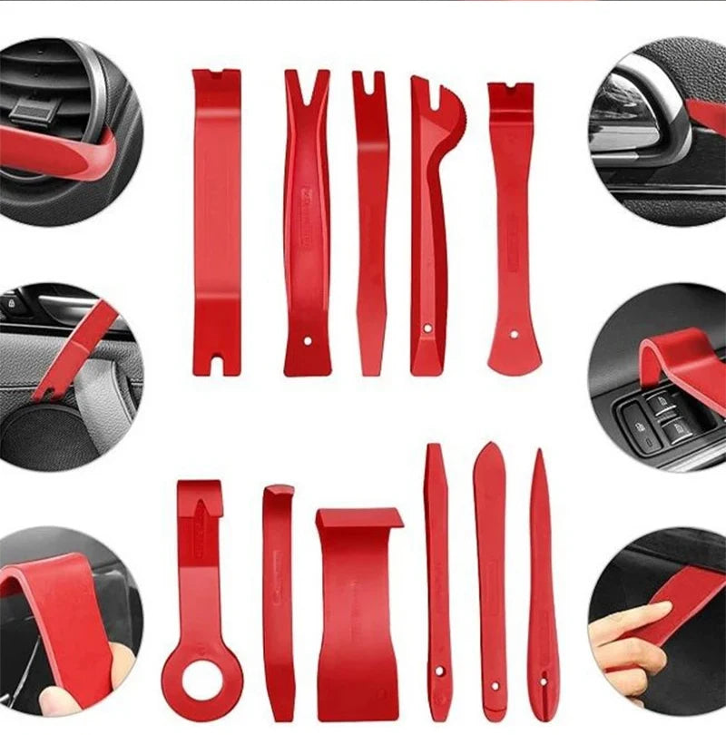 A collection of red auto trim removal tools and accessories displayed against a white background.