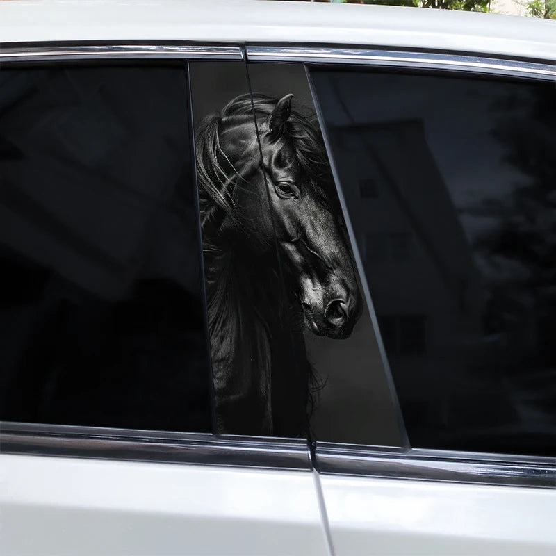Close-up view of a black horse decal applied to the B-pillar window of a white car.