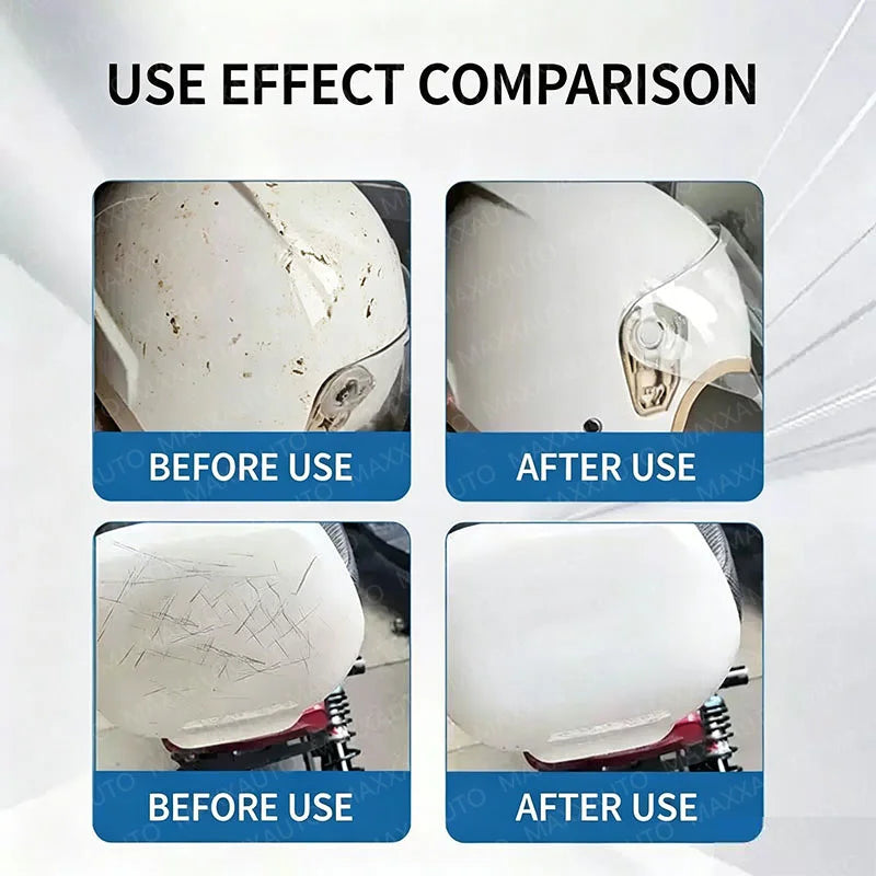 Comparison showing before and after results of a car scratch remover polish compound on white auto paint.