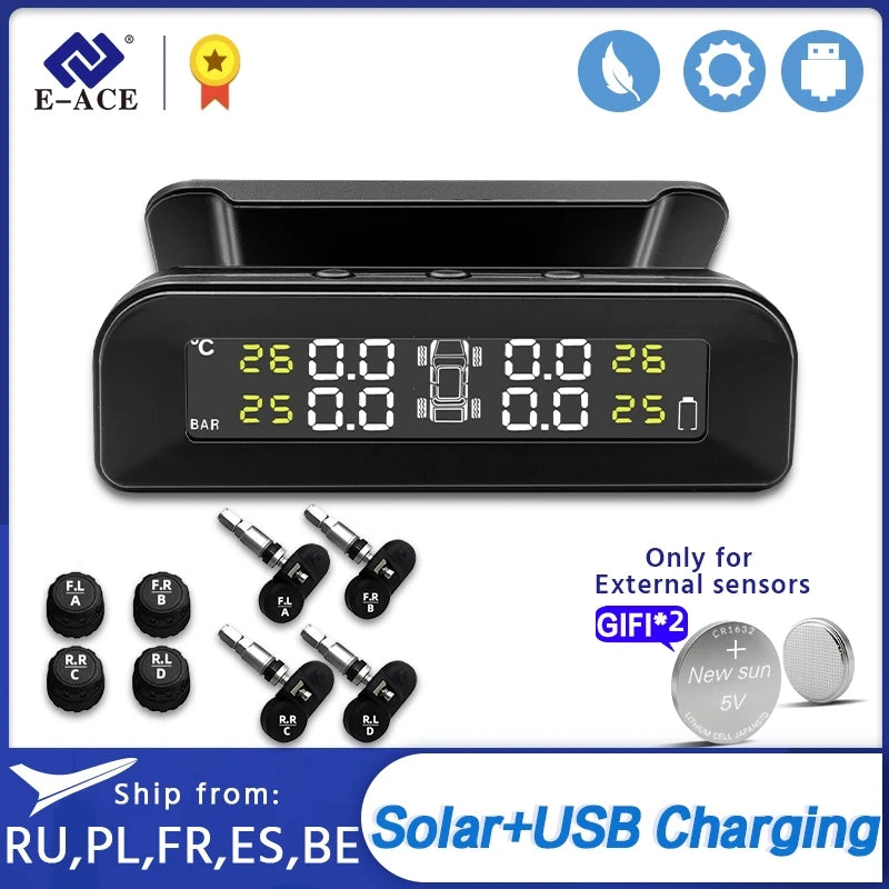 Black digital tire pressure monitor device with four external sensors and solar charging capability