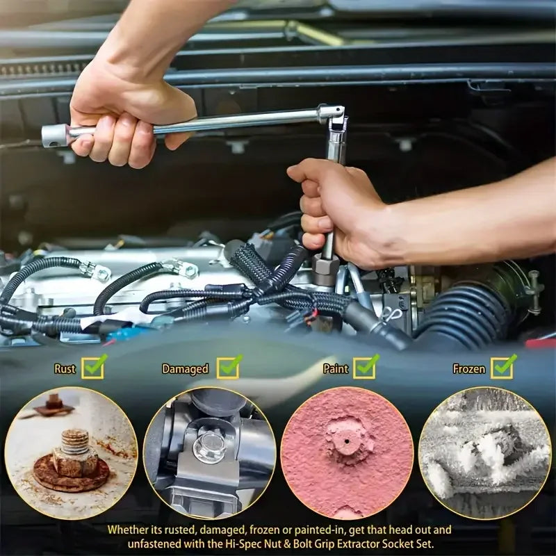 A hand is using a Hi-Spec Nut & Bolt Grip Extractor Socket Set to remove rust, damaged, frozen, or painted fasteners from an 