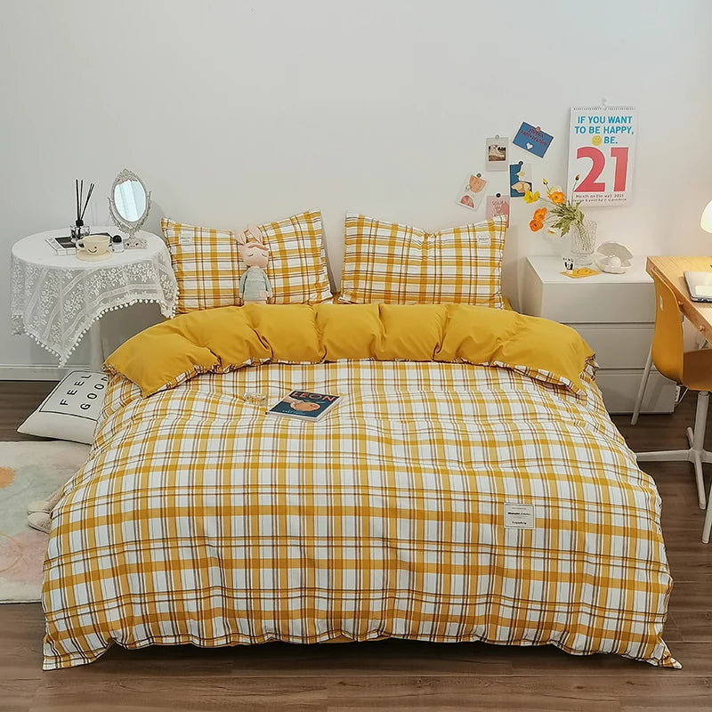 100% Cotton Duvet Cover Set with Plaid Stripe – Breathable & Skin-Friendly