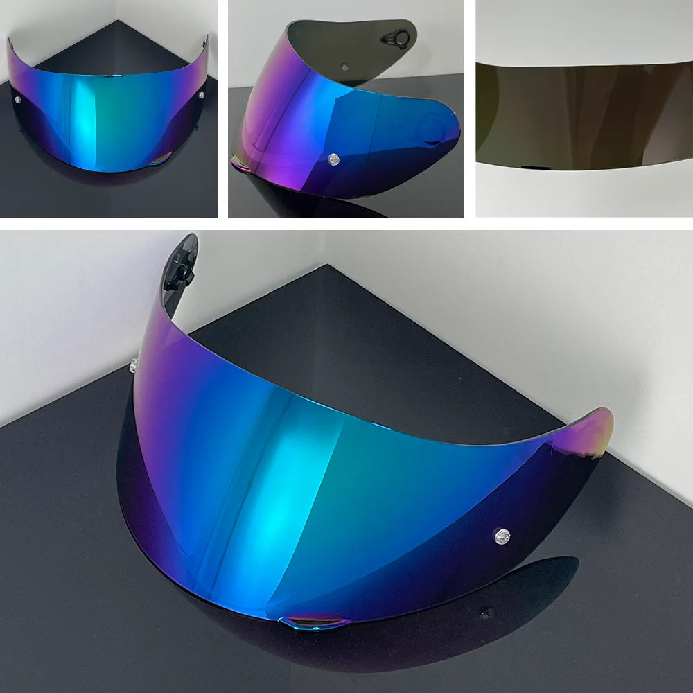 A replacement helmet visor with anti-fog coating shown in various angles and colors, including blue, purple, and dark gray.