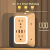 A beige wall plug featuring 6 AC outlets, 2 USB-C ports, and 2 USB-A ports with an illuminated night sensor light.