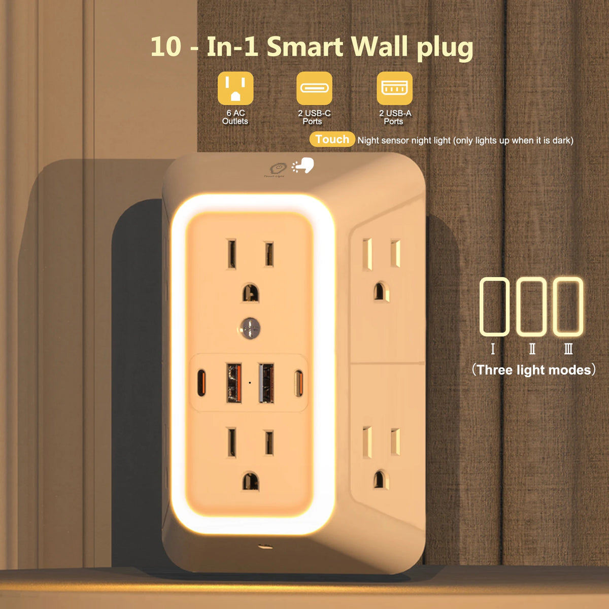 A beige wall plug featuring 6 AC outlets, 2 USB-C ports, and 2 USB-A ports with an illuminated night sensor light.