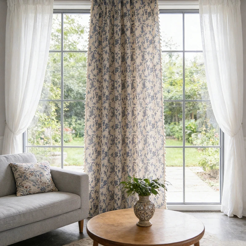 A window dressed with a beige and blue floral cotton-linen curtain featuring tassels, letting in natural light.