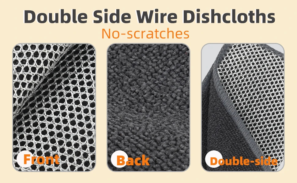 Front and back views of double-sided non-scratch dishcloths made with microfiber and mesh.