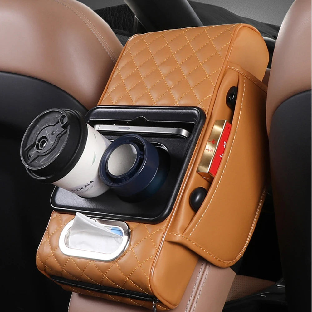 Multifunctional Car Armrest Cushion with Storage and Cup Holder
