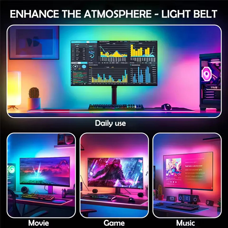 An RGBIC LED monitor backlight strip enhances the atmosphere with colorful light on a computer setup.