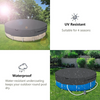 A round above-ground pool cover is shown in a green outdoor setting, highlighting its UV resistance and waterproof features.