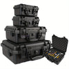 A stack of black rugged waterproof hard cases with an open case showing tools and equipment inside.