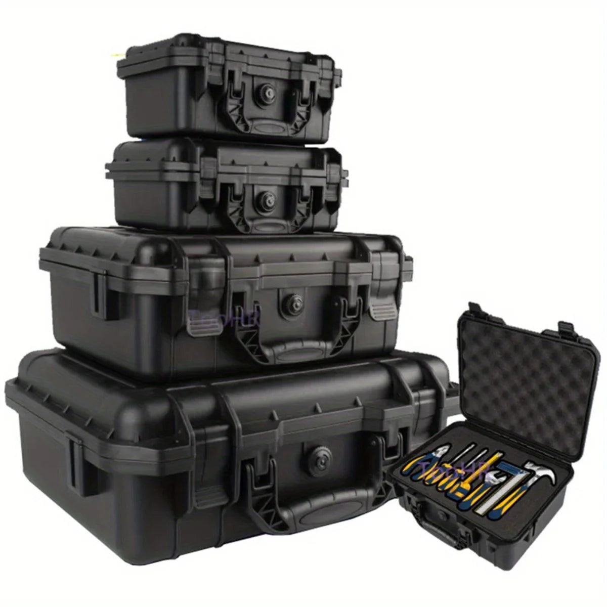 A stack of black rugged waterproof hard cases with an open case showing tools and equipment inside.