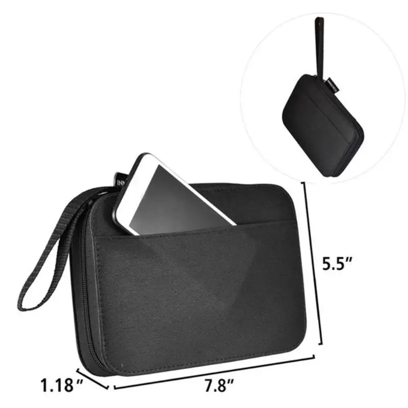 Black complete sewing kit with a storage bag and a separate thread color organizer.
