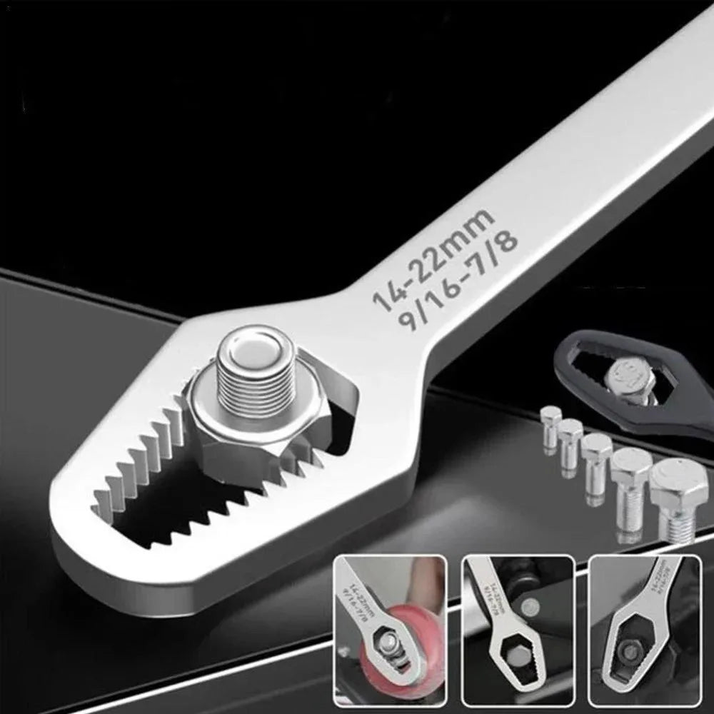 A silver universal adjustable Torx wrench with a double-headed design shown in various angles.