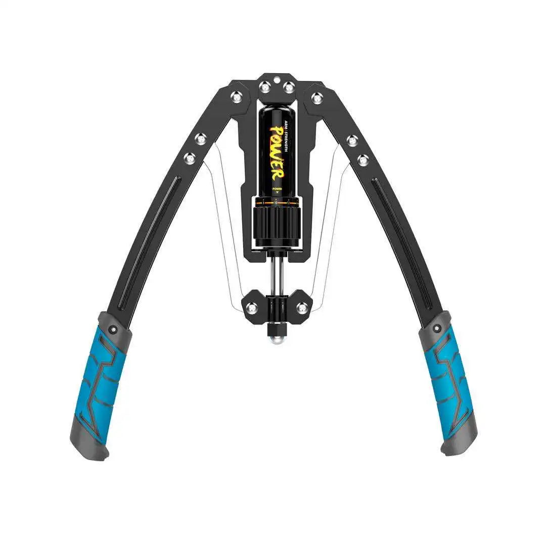 Entrenador hidráulico ajustable de brazo negro con unidad de potencia central y brazos flexibles.