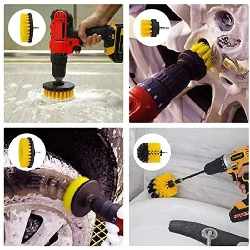A 3-piece power scrubber brush kit for cordless drills showing various brush attachments and usage on a toilet bowl.