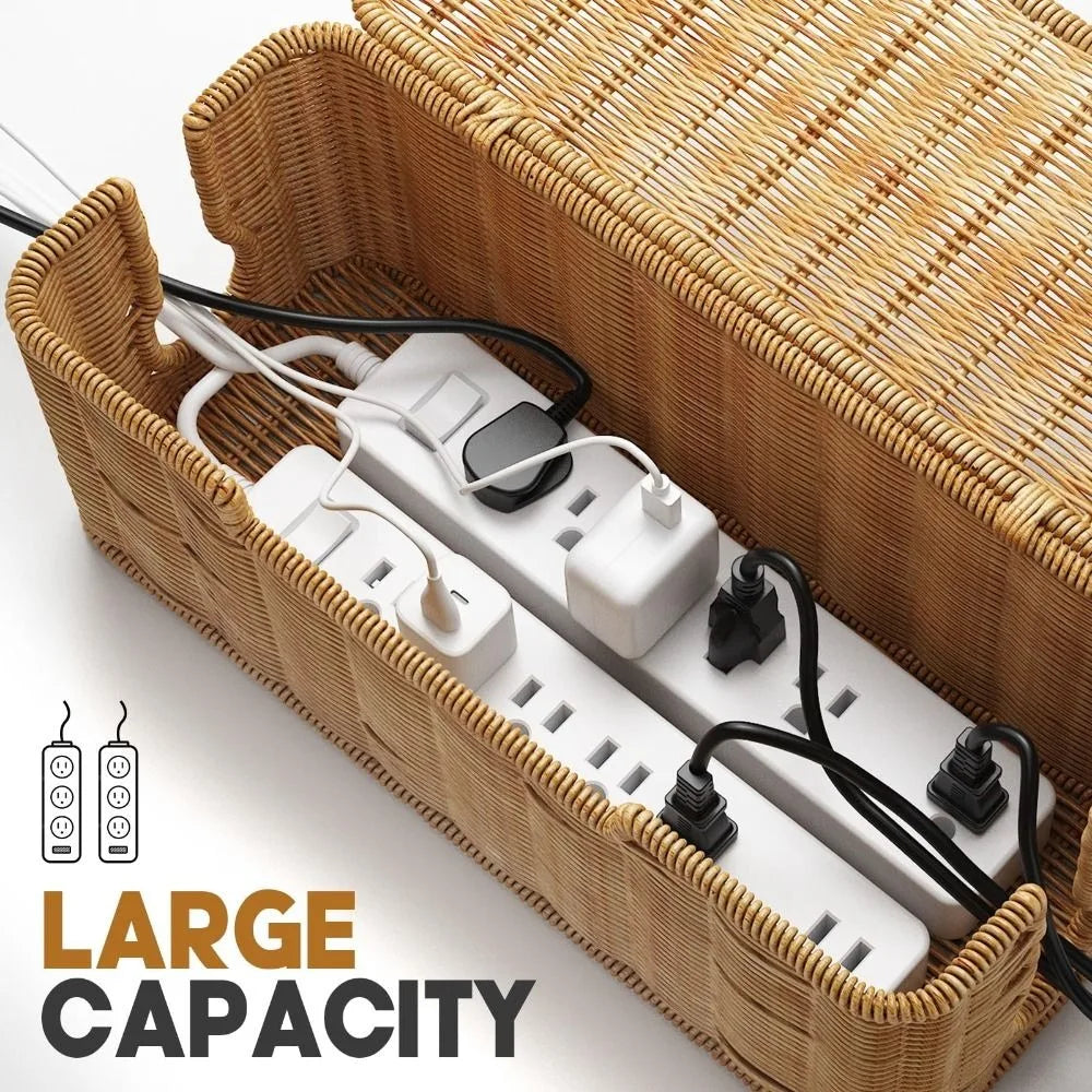 Handwoven Rattan Cable Management Box with Lid