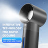 A close-up of a black portable USB misting fan spraying fine water mist.