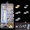 A complete glasses repair kit containing nose pads, screws, and precision tools organized in a clear plastic case.