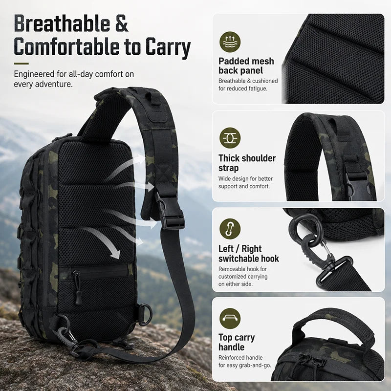Sac de tirage noir tactique avec panneau dorsal en maille rembourrée et sangle épaisse sur une roche.