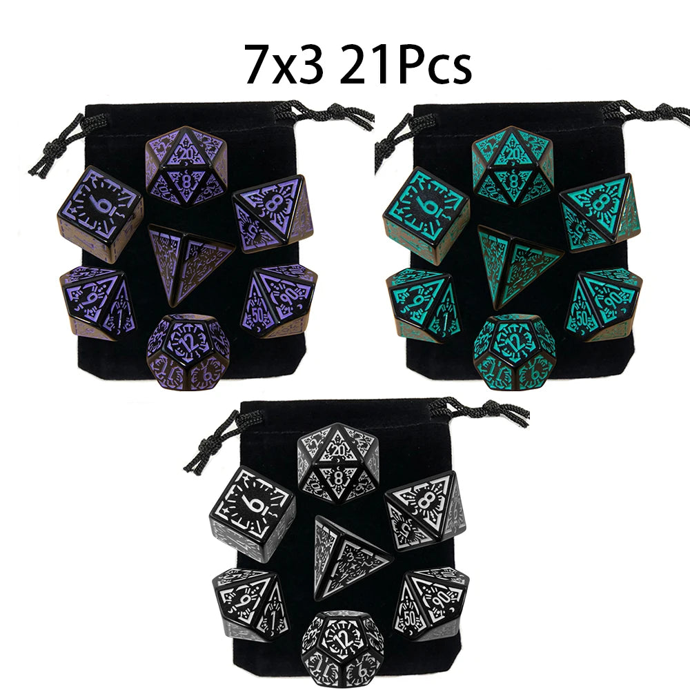 A set of 21 multi-sided polyhedral dice in various colors and shapes packaged in black pouches.