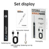 Set display of a portable digital soldering iron, including the iron, tip, USB cable, and packaging box.