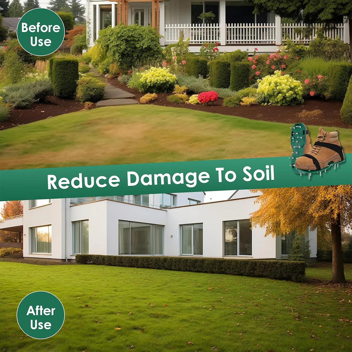 Before and after comparison showing the effect of lawn aeration on soil damage.