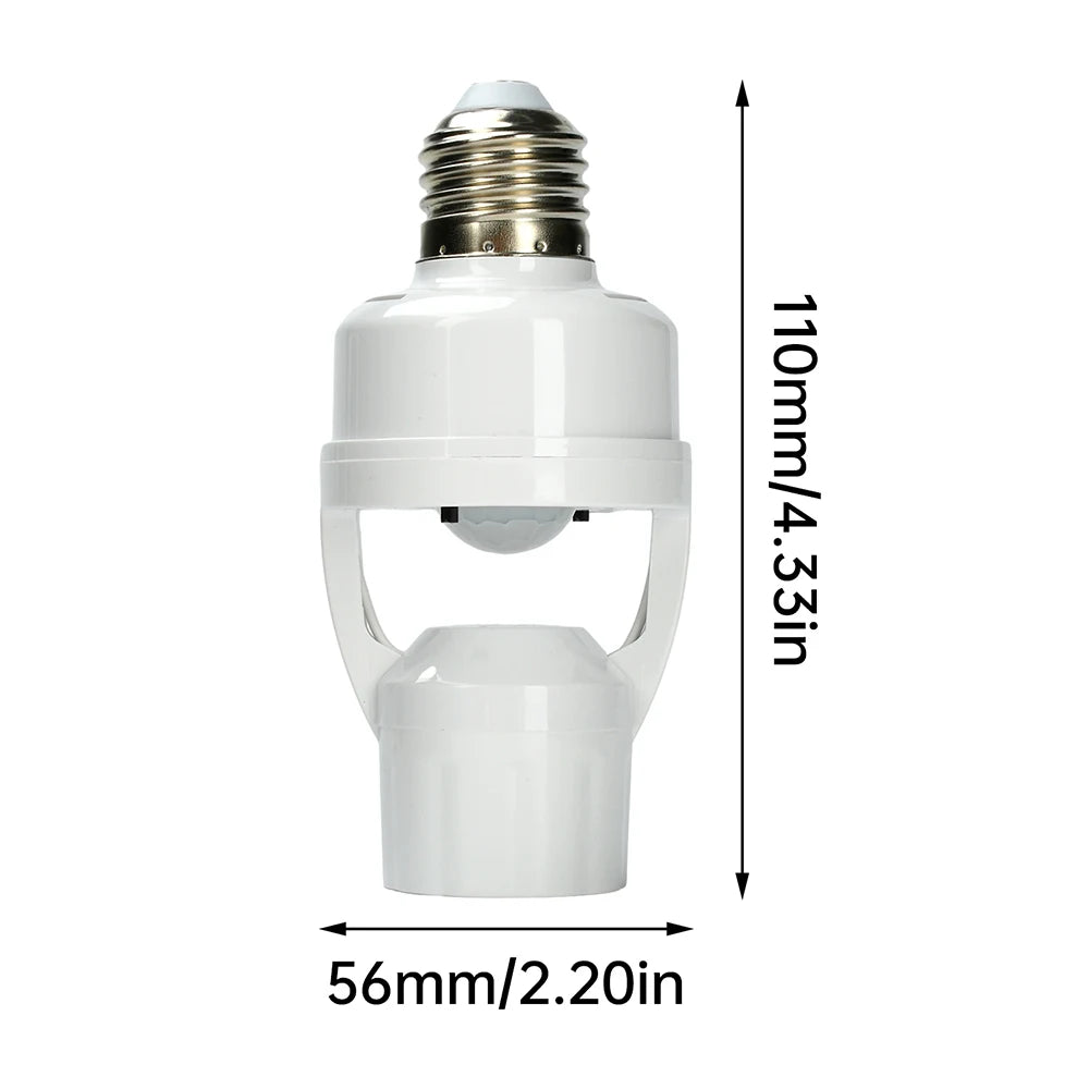 White motion sensor E27 lamp holder with adjustable PIR detection, shown in a side view.