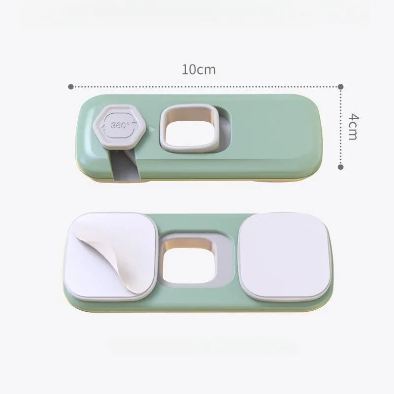 Verrou de sécurité pour armoire ou tiroir adhésif vert clair, corps rectangulaire et deux compartiments amovibles.