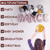 A collection of metallic balloons and decorative elements is shown with checkmarks next to various events like party, wedding