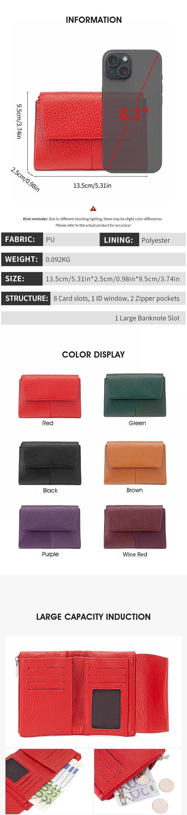 A variety of red and green tri-fold wallets displayed in different colors like black, brown, purple, and wine red.